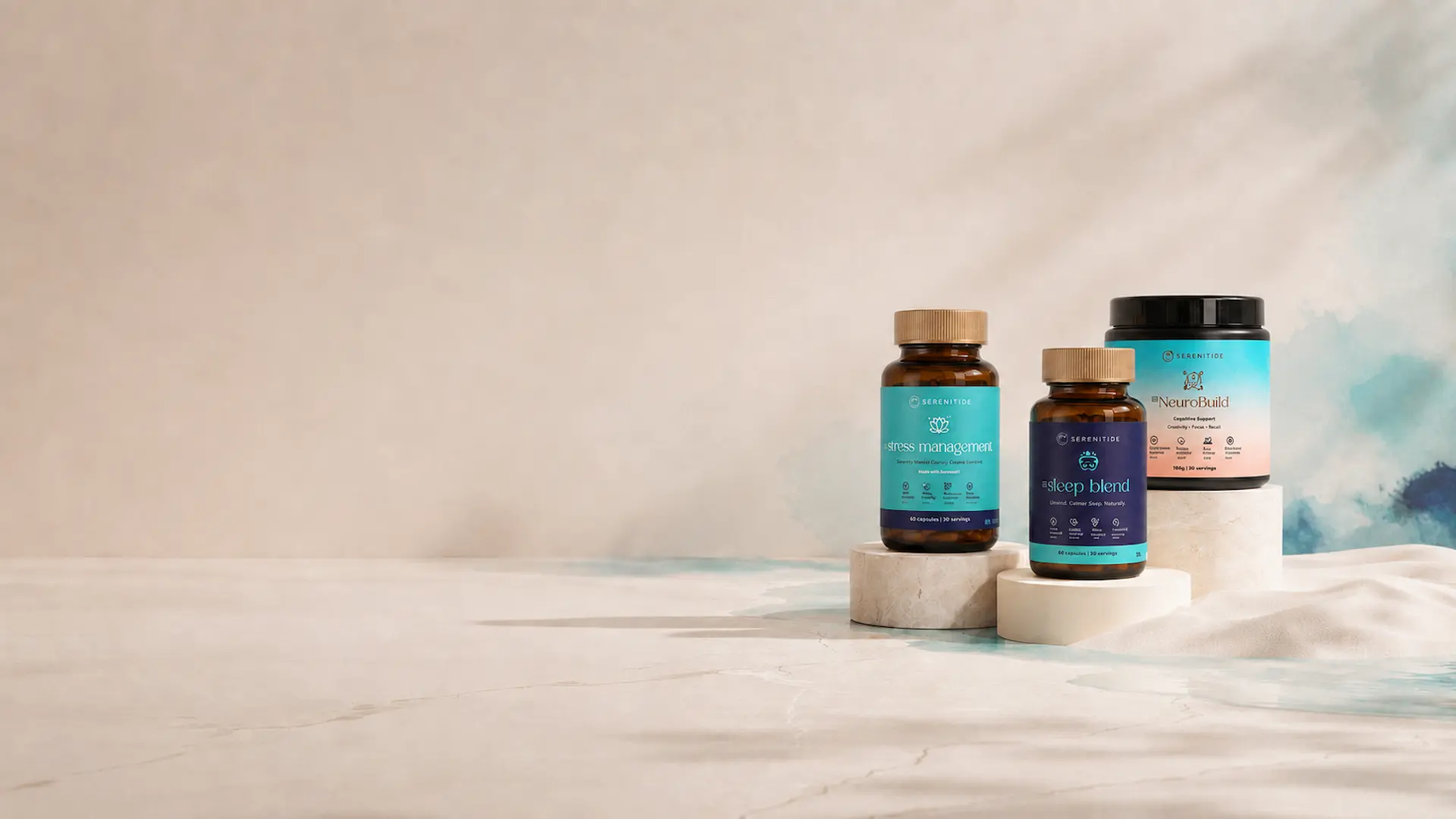 SereniTide Calm, Sleep Blend and NeuroBuild supplements